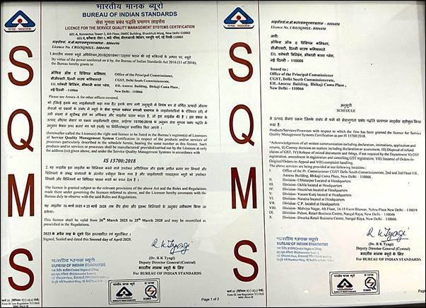 image-4 CGST Delhi South Commissionerate awarded BIS IS 15700:2018 Certification for Excellence in Public Service Delivery