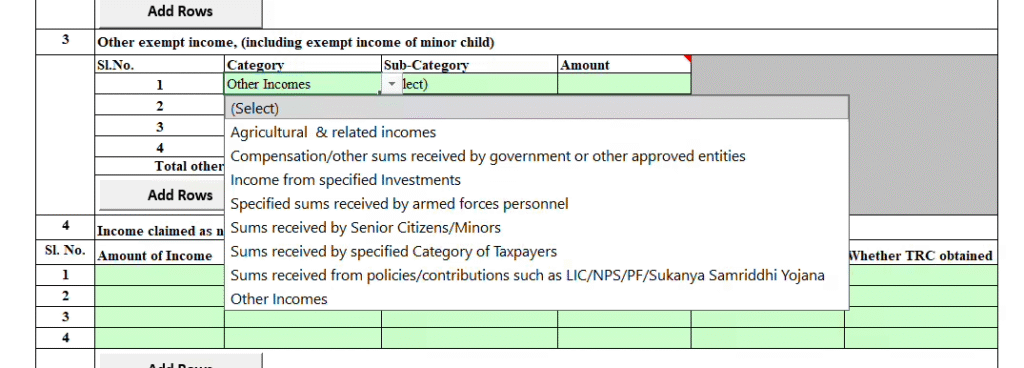 income tax form ITR exempt income