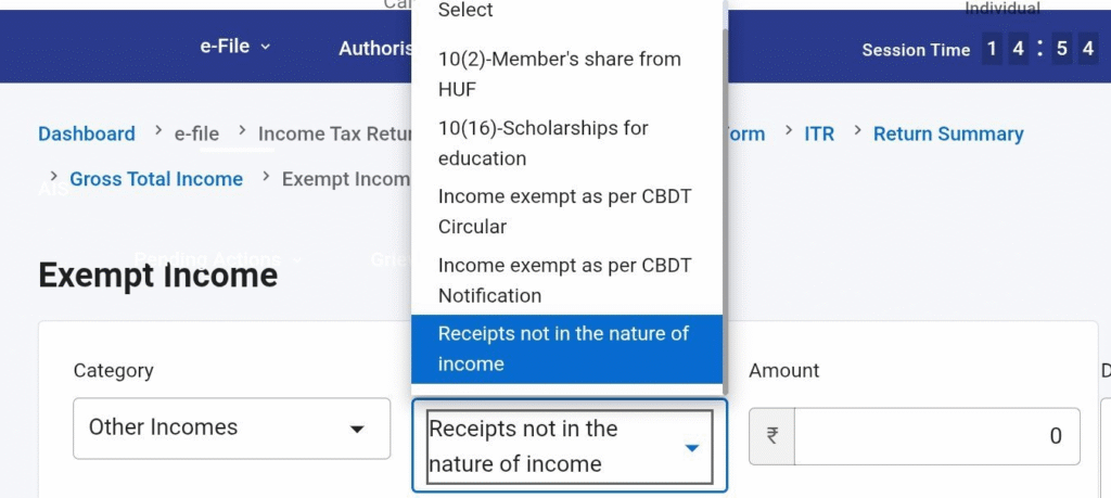 income tax portal exempt income